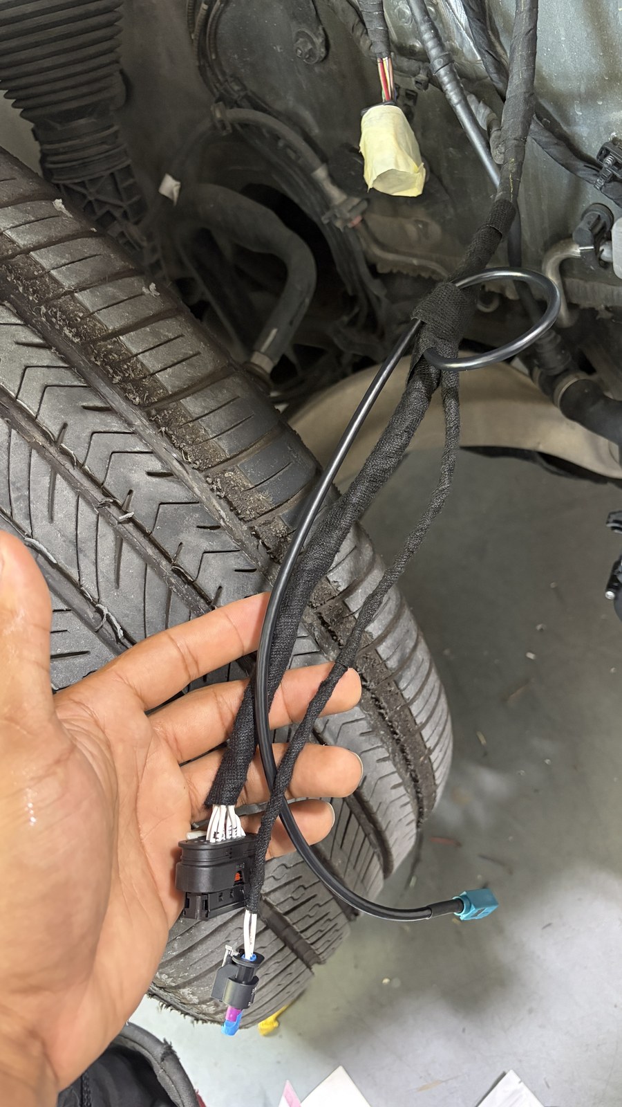 2023 Mercedes-Benz EQE 350 — wrapped harness and lead view — Wiring Repair by Black Wolf Solutions